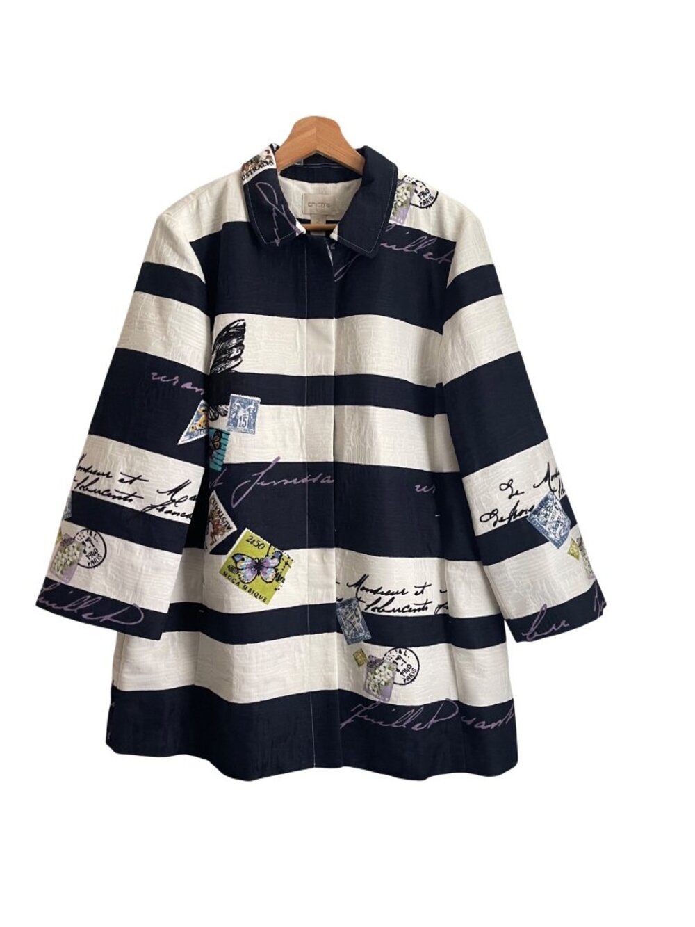Chicos Womens Striped Postcard Butterfly Coat Size 2 L/XL Paris Travel Jacket